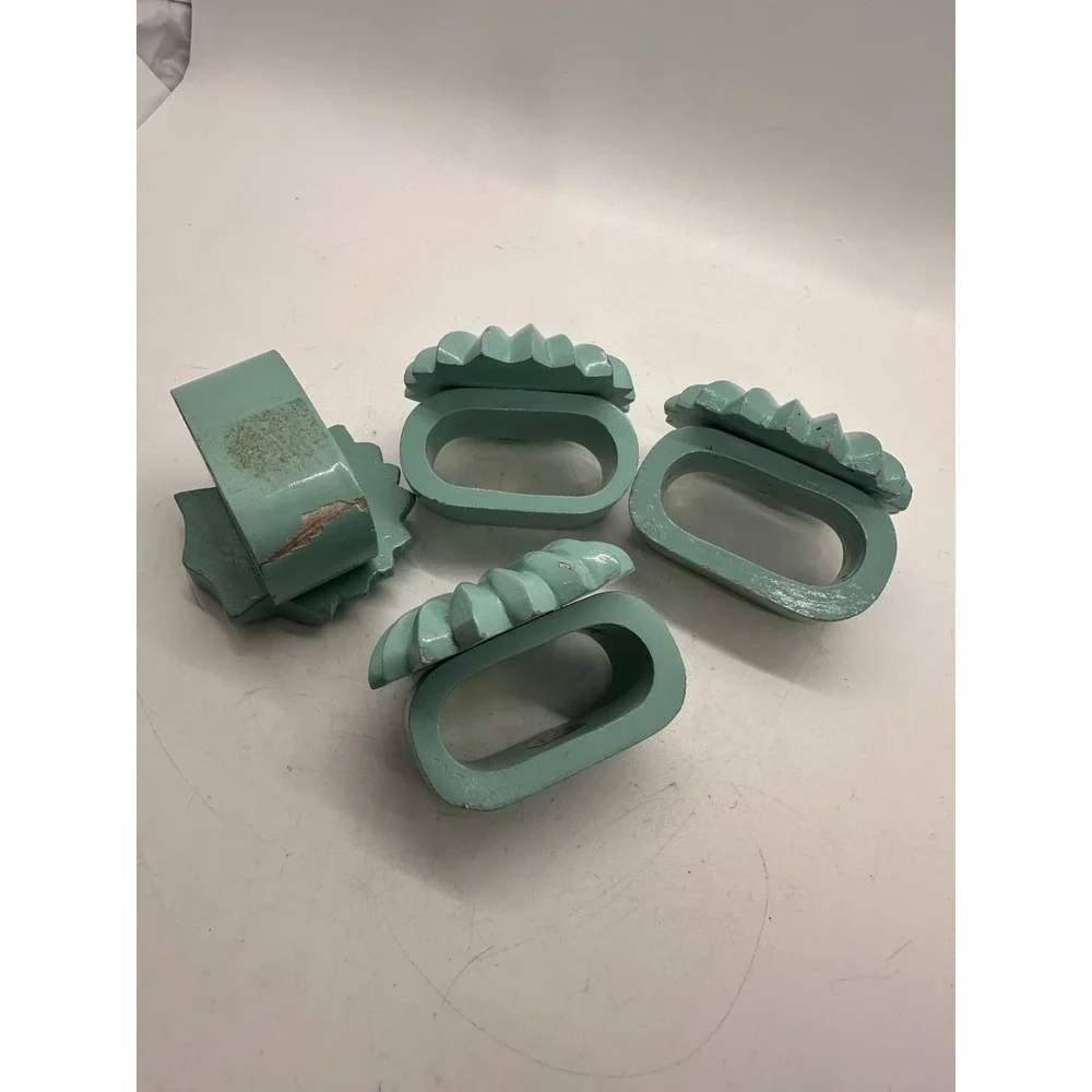 Vintage Wooden Seashell Napkin Rings Set of 4 Aqua Coastal Decor Philippines‎